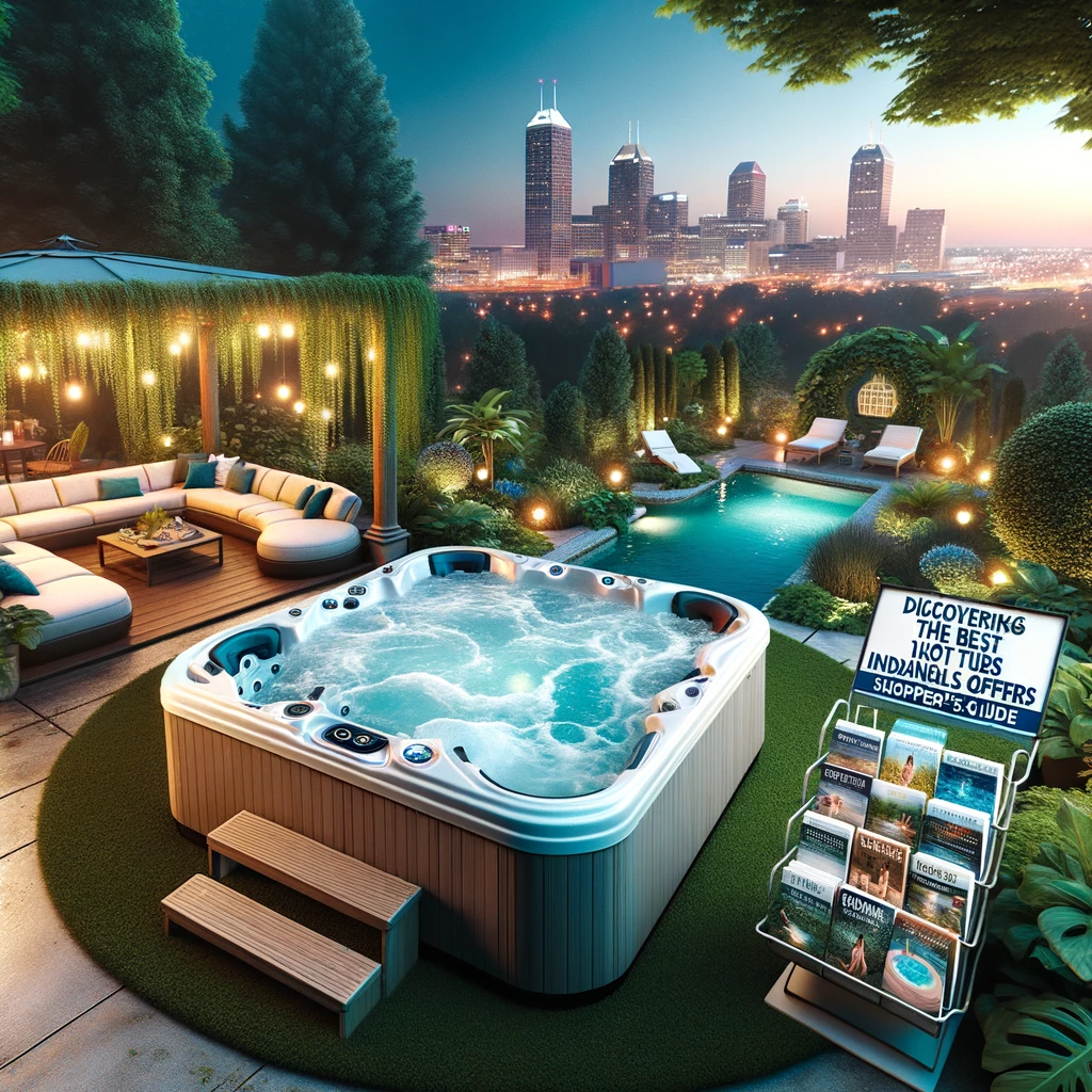 Luxurious hot tub setting in Indianapolis with a couple enjoying the warm water, city skyline in the background, and a brochure stand showcasing various hot tub models.